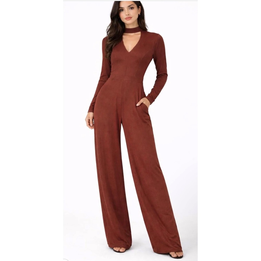 Halara Ribbed Long Sleeve Choker Neck Wide Leg Jumpsuit V-Neck Cutout L NWT
